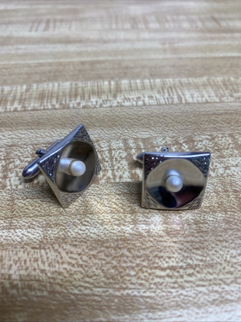 Vintage Swank Silver Tone Square Cuff Links Faux Pearl Center